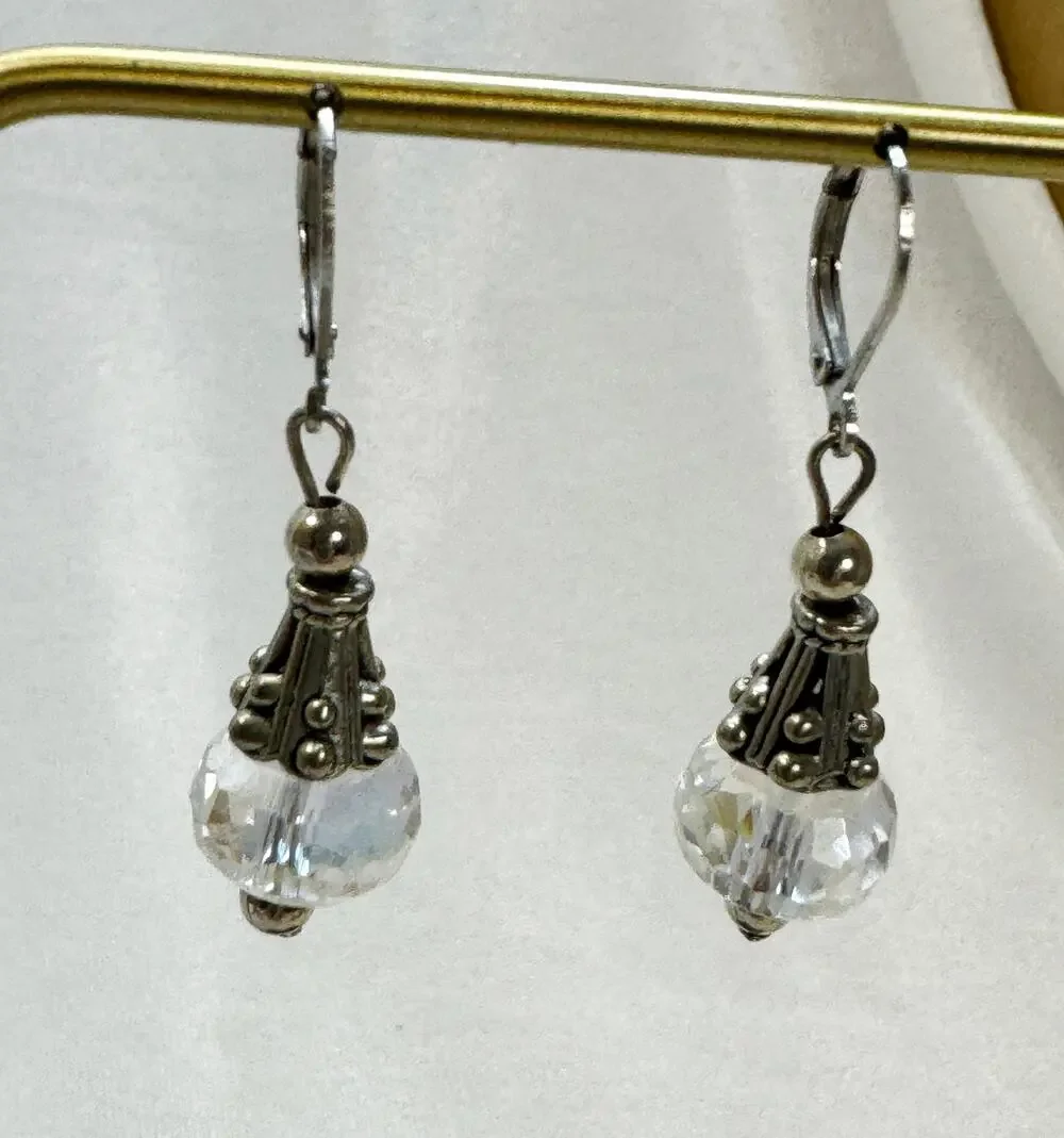 Crystal Bead Leverback Dangle Earrings Silver 1.5 Inch Pre-Loved E609